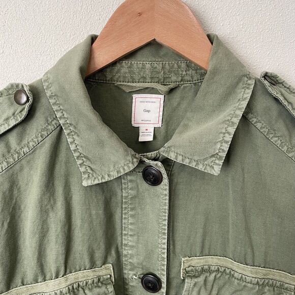 GAP Linen Utility Jacket Womens M Military Green Casual Drawstring Snap Coat - Picture 5 of 16